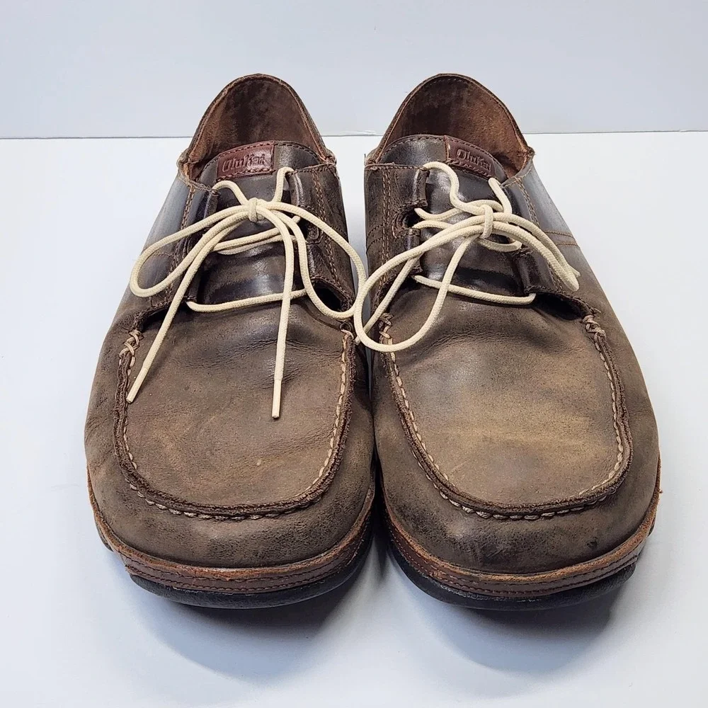 OluKai Ohana Lace Up Nubuck Shoes Mens Size 11.5 Brown Leather Moccasins Comfort